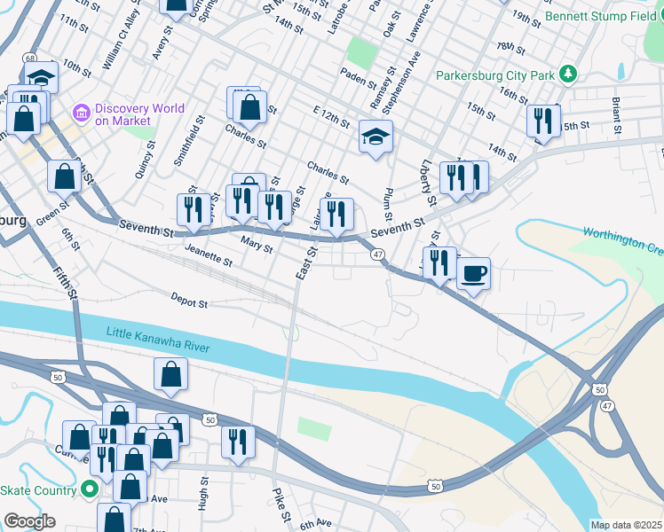 map of restaurants, bars, coffee shops, grocery stores, and more near 1168 Mary Street in Parkersburg
