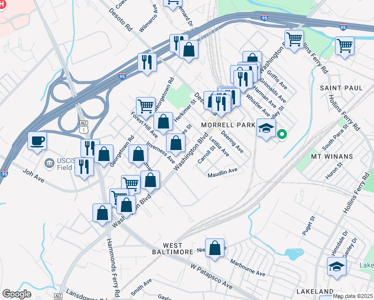 map of restaurants, bars, coffee shops, grocery stores, and more near 2834 Washington Boulevard in Baltimore