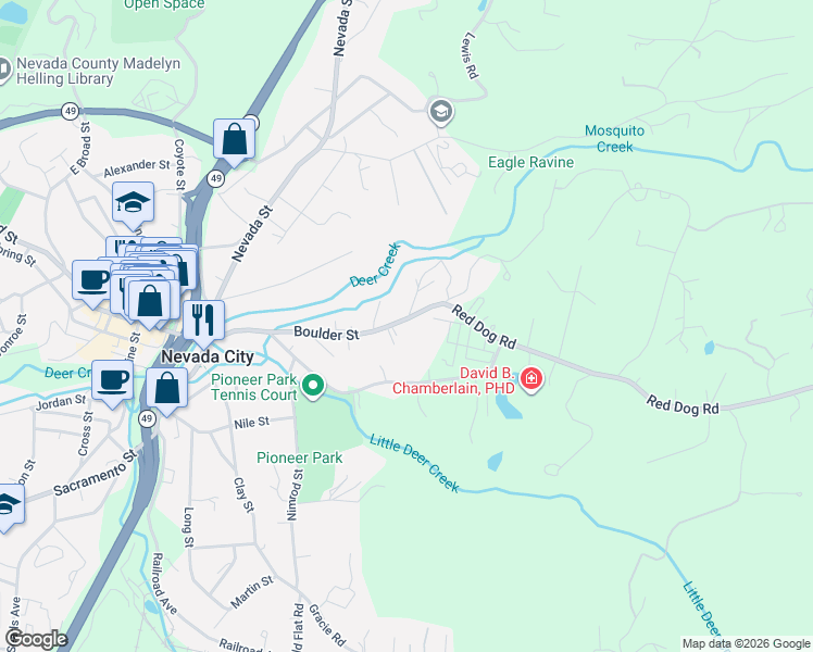 map of restaurants, bars, coffee shops, grocery stores, and more near 10455 Boulder Street in Nevada City
