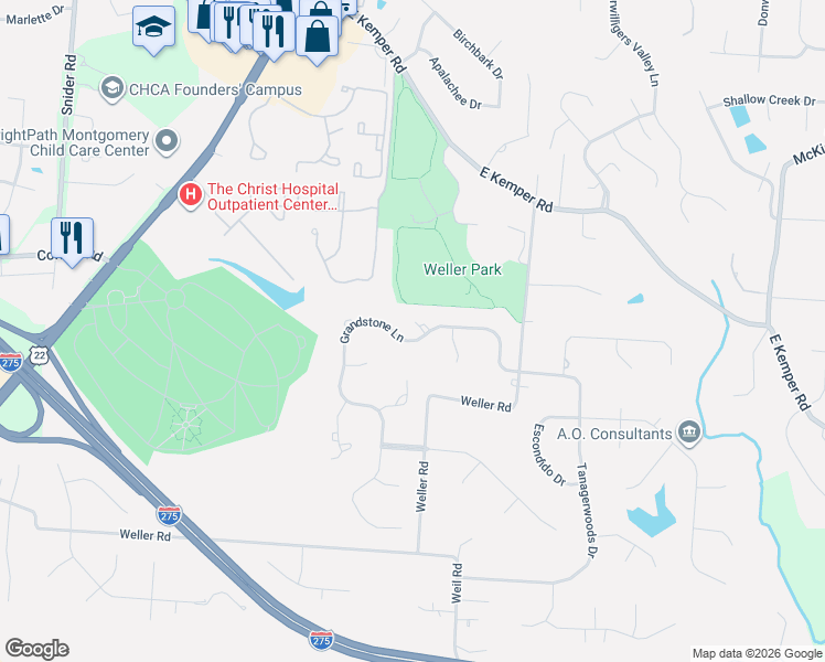 map of restaurants, bars, coffee shops, grocery stores, and more near 11719 Grandstone Lane in Cincinnati