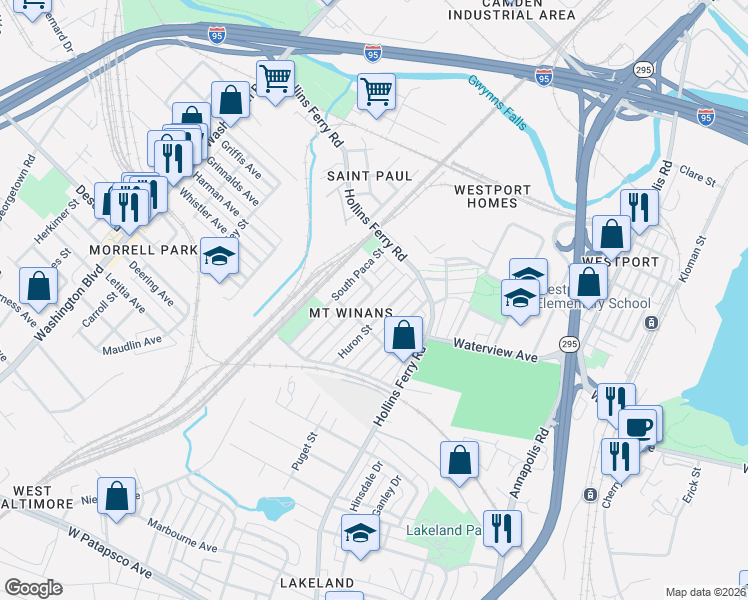 map of restaurants, bars, coffee shops, grocery stores, and more near 2505 Ridgely Street in Baltimore