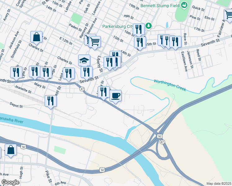 map of restaurants, bars, coffee shops, grocery stores, and more near 627 Lulu Street in Parkersburg