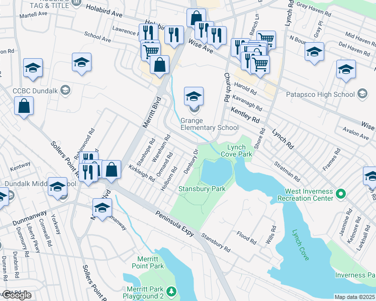 map of restaurants, bars, coffee shops, grocery stores, and more near 2804 Moorgate Road in Dundalk