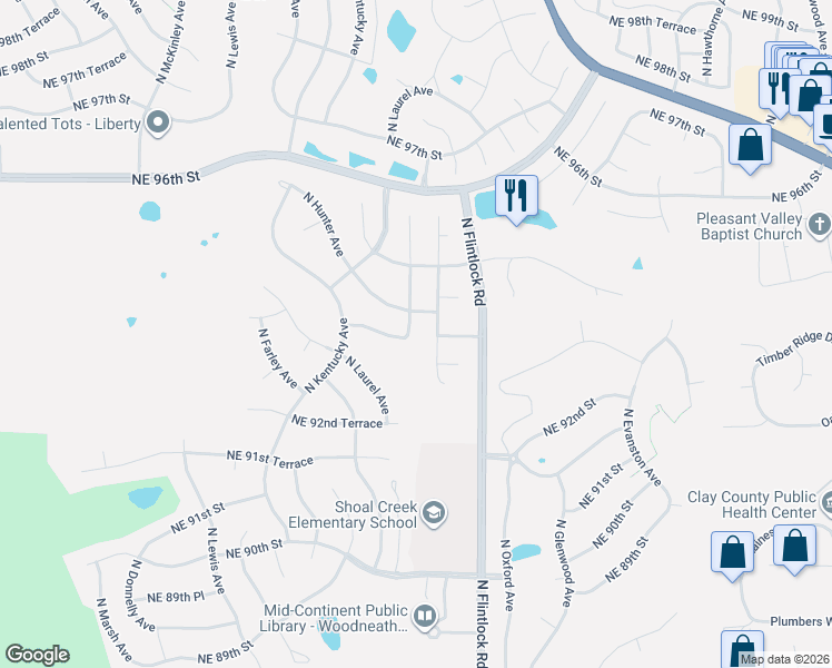 map of restaurants, bars, coffee shops, grocery stores, and more near 9400 North Ditzler Avenue in Kansas City
