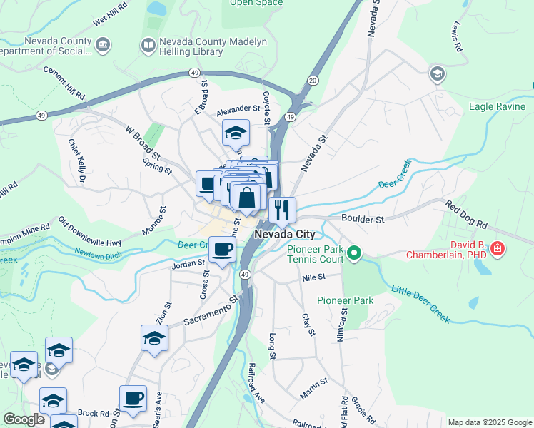 map of restaurants, bars, coffee shops, grocery stores, and more near 108 Union Alley in Nevada City