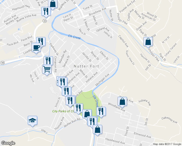 map of restaurants, bars, coffee shops, grocery stores, and more near 416.5 Ohio Ave in Nutter Fort
