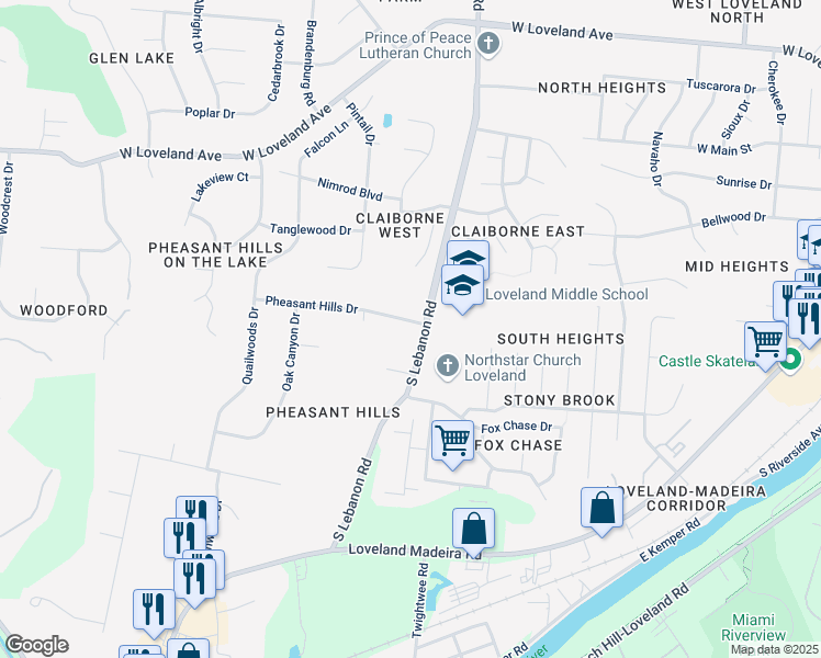 map of restaurants, bars, coffee shops, grocery stores, and more near 11067 South Lebanon Road in Loveland