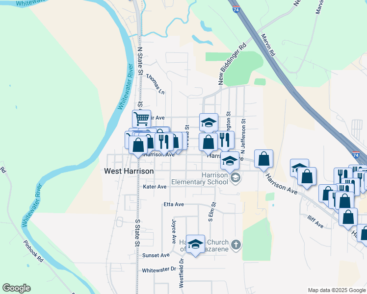 map of restaurants, bars, coffee shops, grocery stores, and more near 109 North Vine Street in Harrison