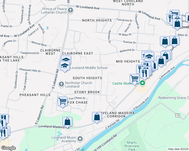 map of restaurants, bars, coffee shops, grocery stores, and more near 737 Marbea Drive in Loveland