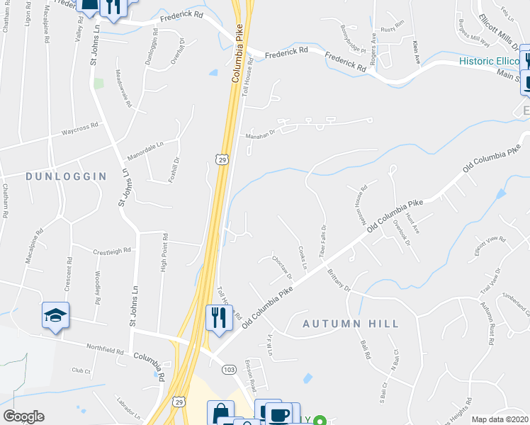 map of restaurants, bars, coffee shops, grocery stores, and more near 3948 Cooks Lane in Ellicott City
