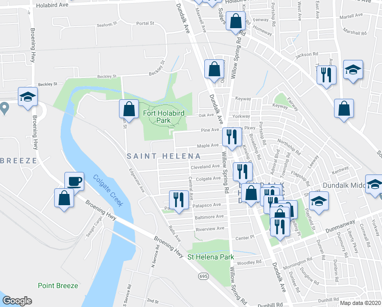 map of restaurants, bars, coffee shops, grocery stores, and more near 6600 Detroit Avenue in Baltimore