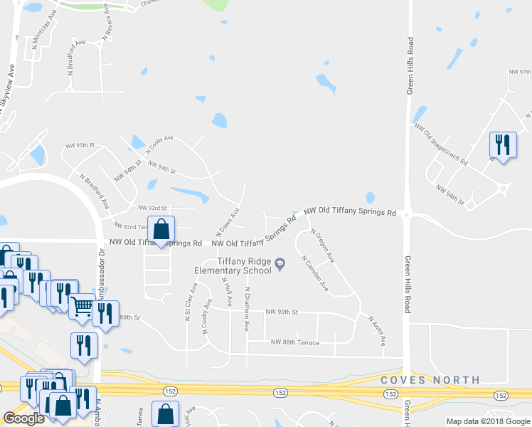 map of restaurants, bars, coffee shops, grocery stores, and more near 5101 North Kirkwood Avenue in Kansas City