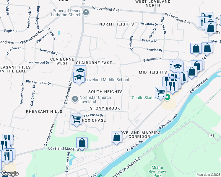map of restaurants, bars, coffee shops, grocery stores, and more near 732 Marbea Drive in Loveland