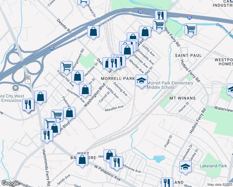 map of restaurants, bars, coffee shops, grocery stores, and more near 1927 Letitia Avenue in Baltimore