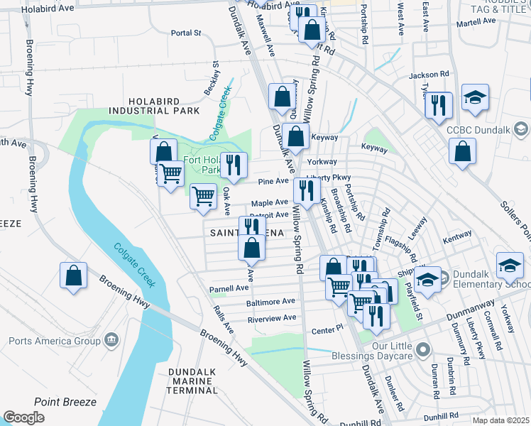 map of restaurants, bars, coffee shops, grocery stores, and more near 220 Detroit Avenue in Dundalk