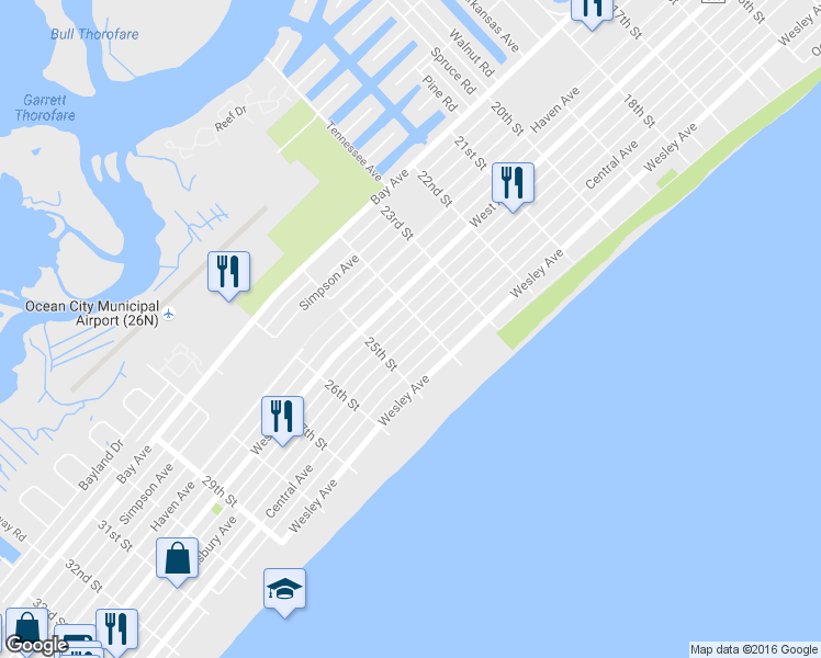 map of restaurants, bars, coffee shops, grocery stores, and more near 2415 Asbury Ave in Ocean City