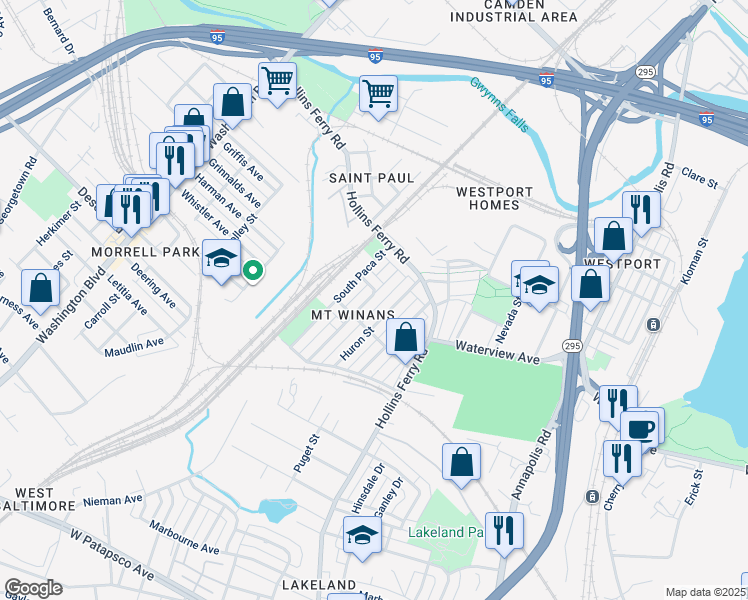 map of restaurants, bars, coffee shops, grocery stores, and more near 2505 Ridgely Street in Baltimore