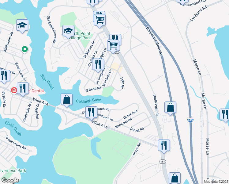 map of restaurants, bars, coffee shops, grocery stores, and more near 4140 Eder Road in Dundalk