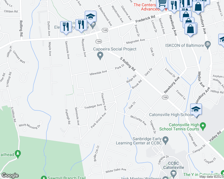 map of restaurants, bars, coffee shops, grocery stores, and more near 1501 Ridge Road in Catonsville