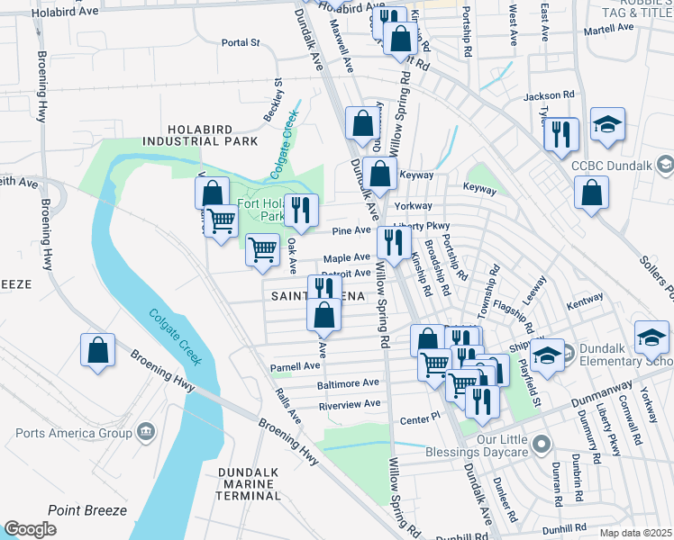 map of restaurants, bars, coffee shops, grocery stores, and more near 220 Detroit Avenue in Dundalk