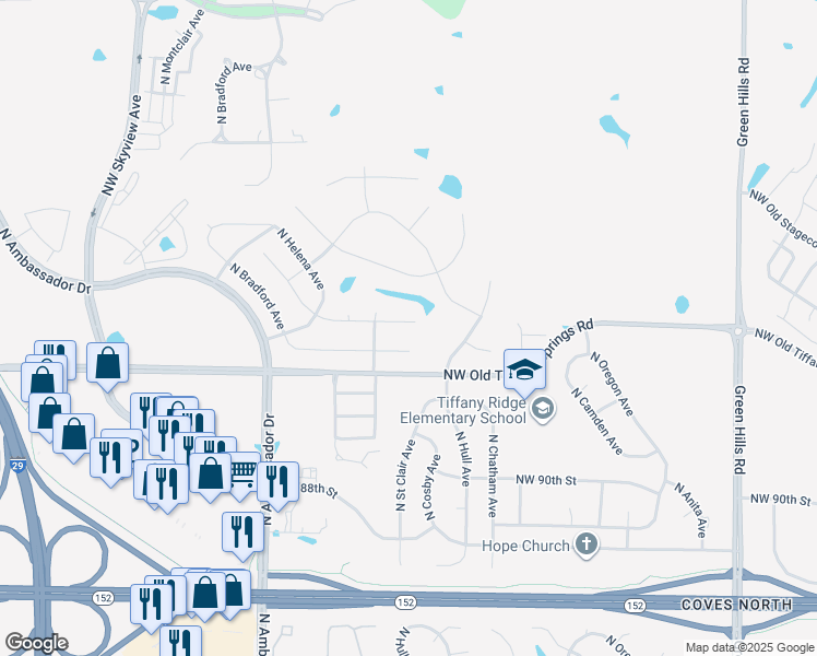 map of restaurants, bars, coffee shops, grocery stores, and more near 5409 Northwest 93rd Street in Kansas City