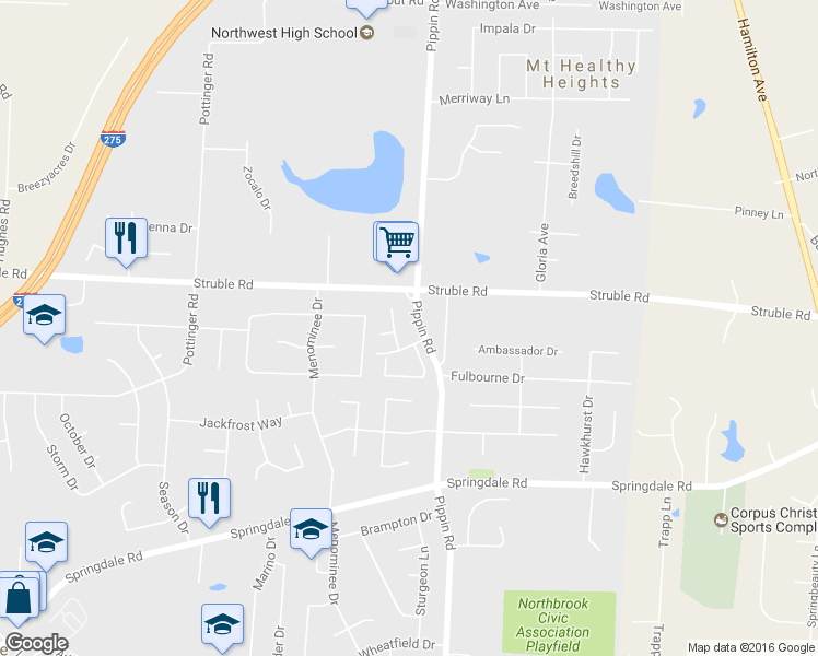 map of restaurants, bars, coffee shops, grocery stores, and more near 2750 Townterrace Drive in Cincinnati
