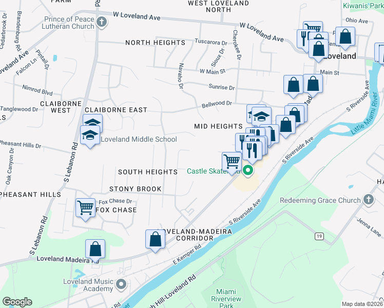 map of restaurants, bars, coffee shops, grocery stores, and more near 4 Highridge Circle in Loveland