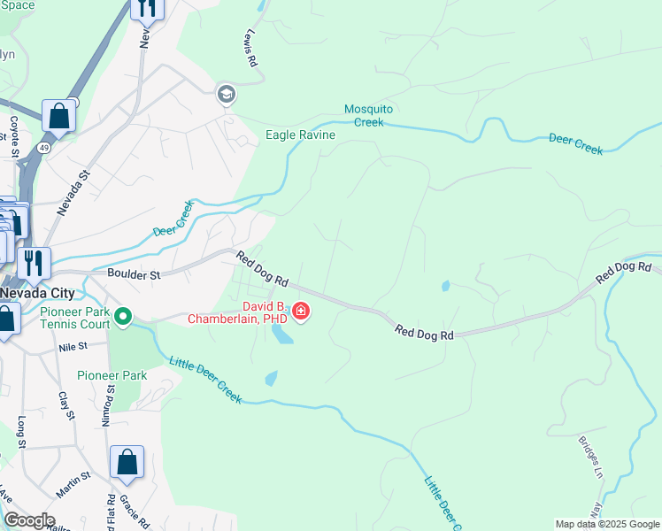 map of restaurants, bars, coffee shops, grocery stores, and more near 11045 Berggren Lane in Nevada City