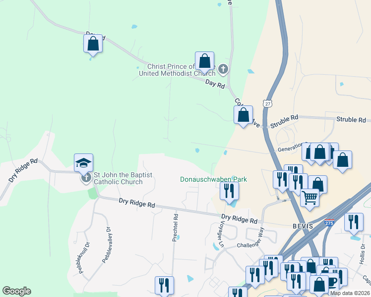map of restaurants, bars, coffee shops, grocery stores, and more near 4629 Raeann Drive in Cincinnati