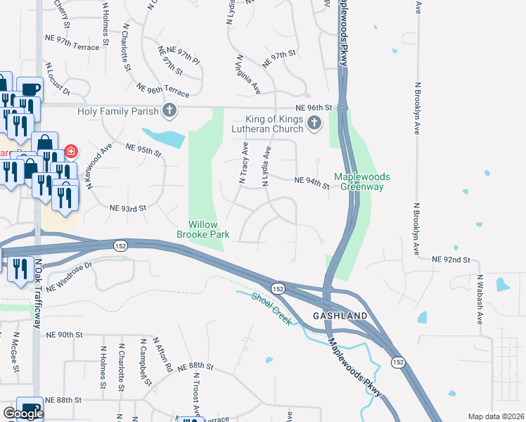 map of restaurants, bars, coffee shops, grocery stores, and more near 9230 North Lydia Avenue in Kansas City