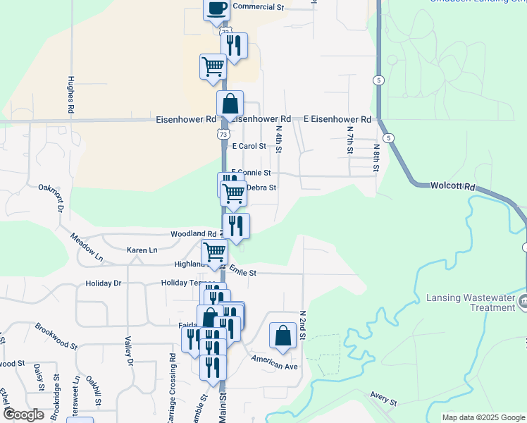 map of restaurants, bars, coffee shops, grocery stores, and more near 210 Jayhawk Ct in Lansing