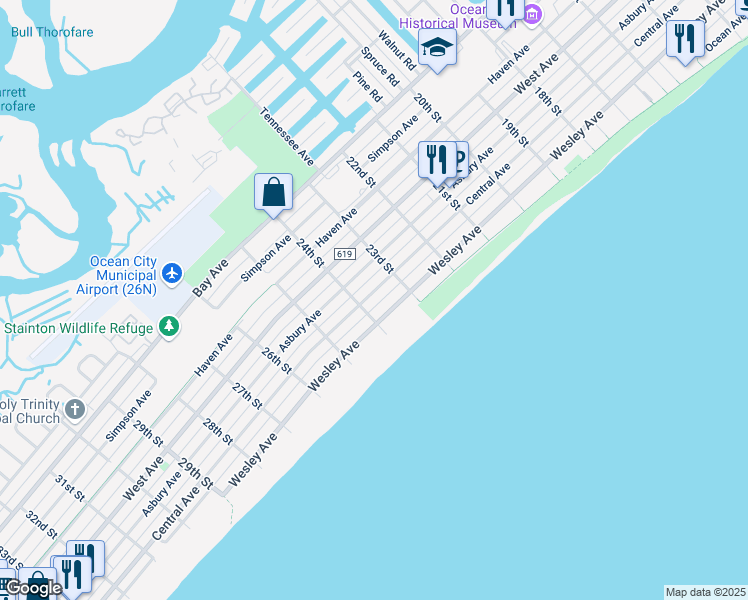 map of restaurants, bars, coffee shops, grocery stores, and more near 2335 Central Avenue in Ocean City