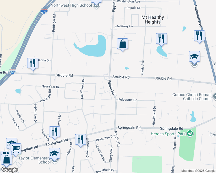 map of restaurants, bars, coffee shops, grocery stores, and more near 2730 Townterrace Drive in Cincinnati
