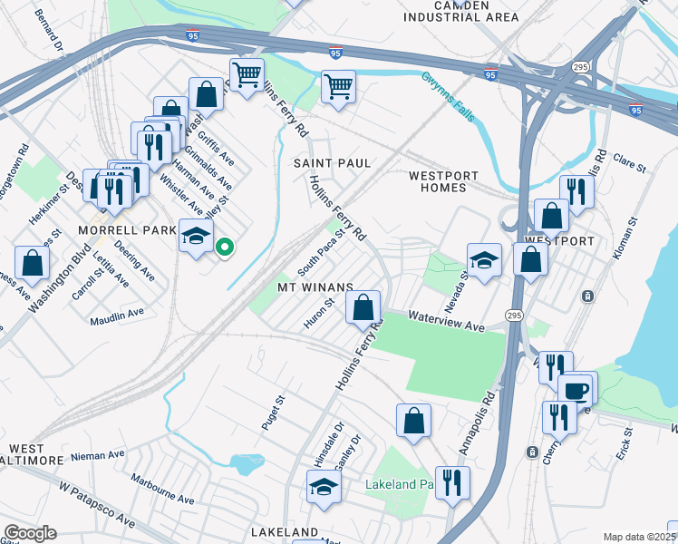 map of restaurants, bars, coffee shops, grocery stores, and more near 2439 Ridgely Street in Baltimore
