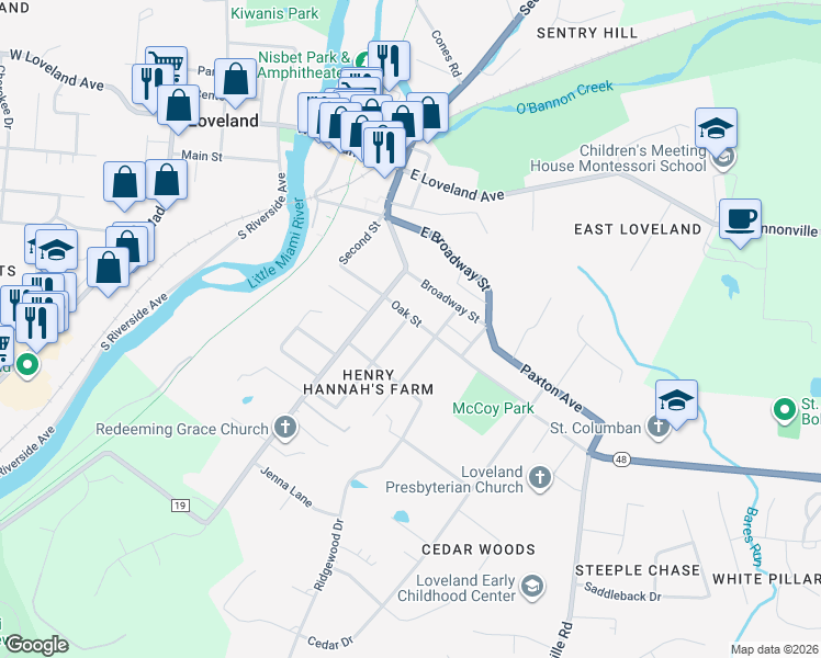 map of restaurants, bars, coffee shops, grocery stores, and more near 421 Walker Street in Loveland