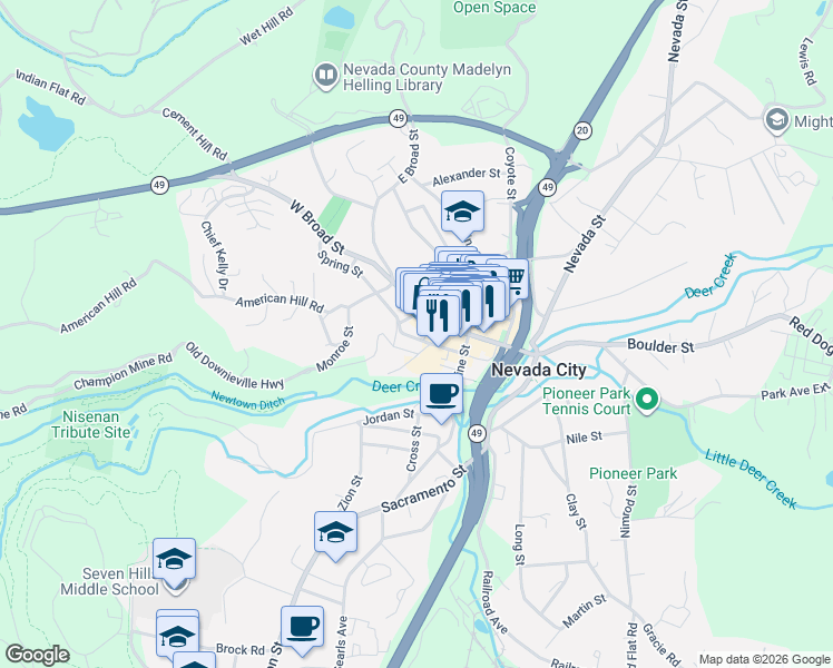 map of restaurants, bars, coffee shops, grocery stores, and more near 211 Mill Street in Nevada City