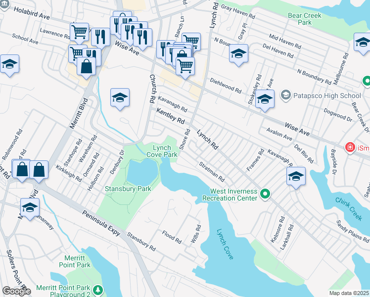 map of restaurants, bars, coffee shops, grocery stores, and more near 7904 Stratman Road in Dundalk