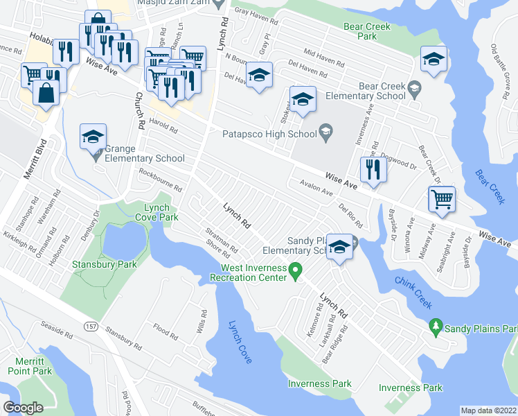 map of restaurants, bars, coffee shops, grocery stores, and more near 1943 Dineen Drive in Dundalk