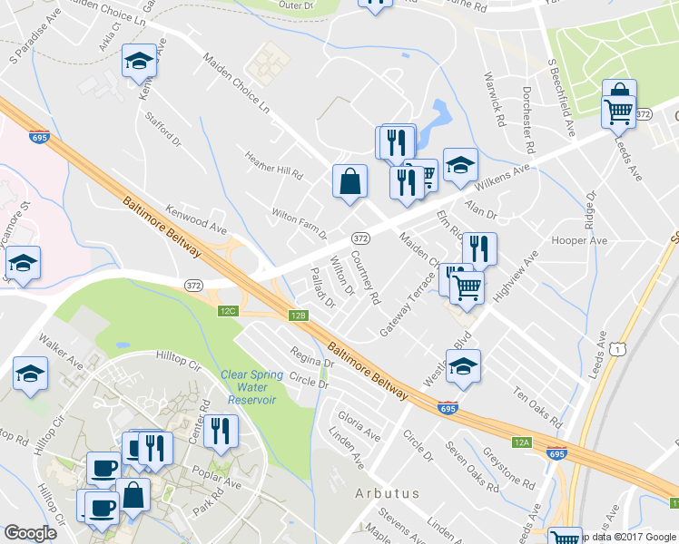 map of restaurants, bars, coffee shops, grocery stores, and more near 4901 Wilkens Avenue in Catonsville