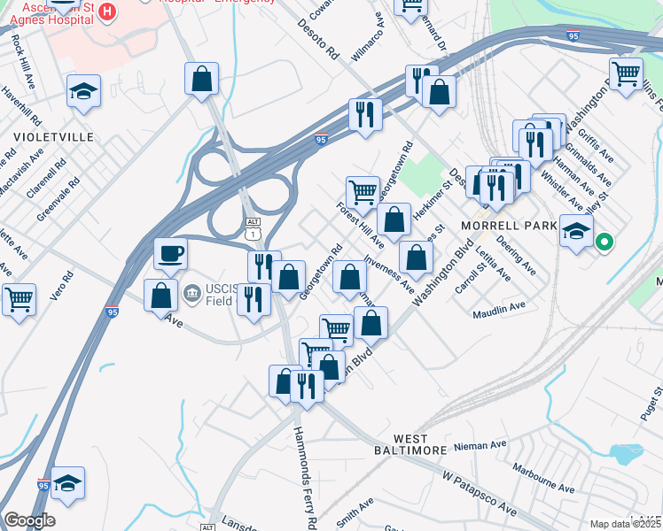 map of restaurants, bars, coffee shops, grocery stores, and more near 3107 Georgetown Road in Baltimore
