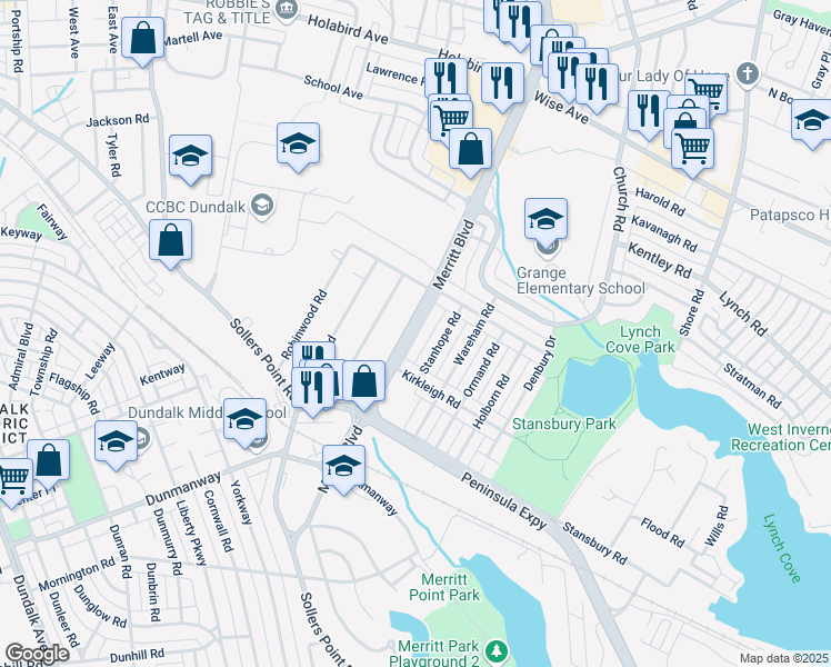 map of restaurants, bars, coffee shops, grocery stores, and more near 1909 Merritt Boulevard in Dundalk