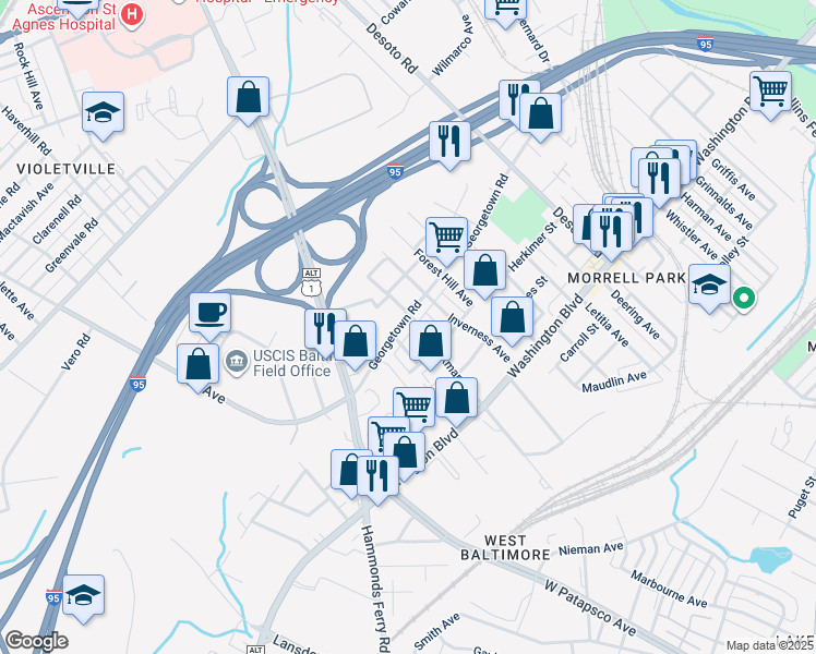 map of restaurants, bars, coffee shops, grocery stores, and more near 3107 Georgetown Road in Baltimore