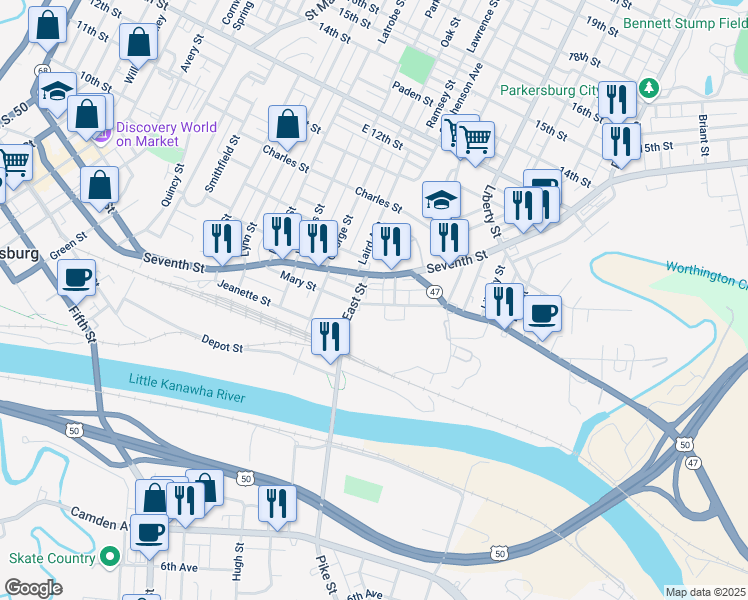 map of restaurants, bars, coffee shops, grocery stores, and more near 1142-1168 Mary St in Parkersburg