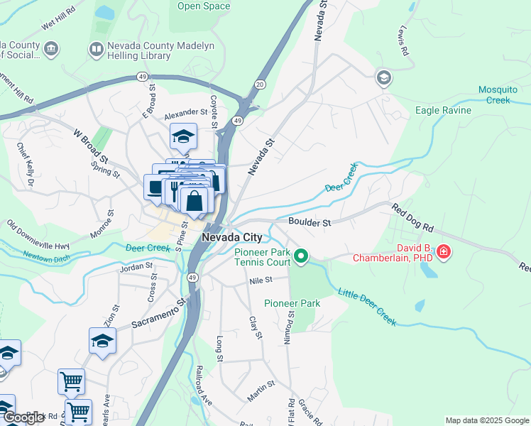 map of restaurants, bars, coffee shops, grocery stores, and more near 145 Boulder Street in Nevada City