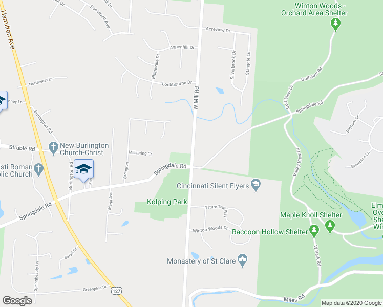 map of restaurants, bars, coffee shops, grocery stores, and more near 10433 Mill Road in Cincinnati