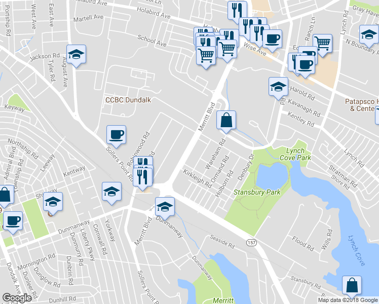 map of restaurants, bars, coffee shops, grocery stores, and more near 1923 Merritt Boulevard in Dundalk