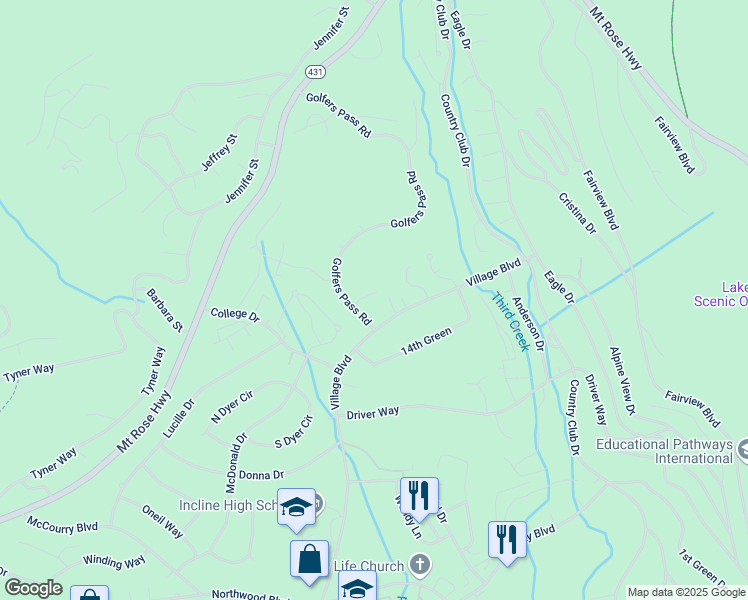 map of restaurants, bars, coffee shops, grocery stores, and more near 629 Village Boulevard in Incline Village