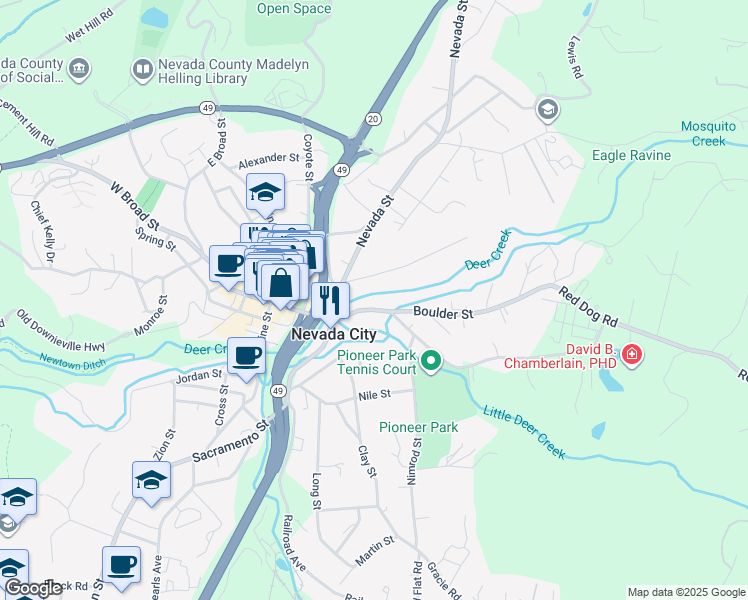 map of restaurants, bars, coffee shops, grocery stores, and more near 145 Boulder Street in Nevada City