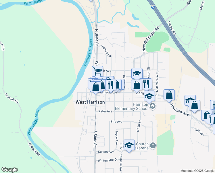 map of restaurants, bars, coffee shops, grocery stores, and more near 111 North Sycamore Street in Harrison