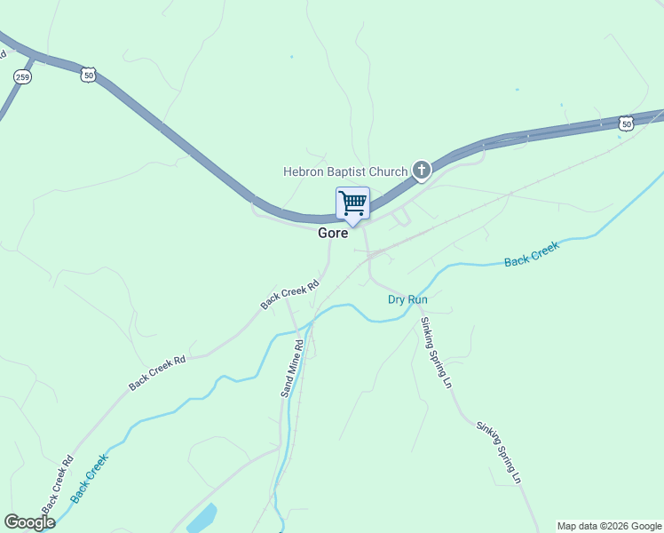 map of restaurants, bars, coffee shops, grocery stores, and more near 141 Back Creek Road in Gore
